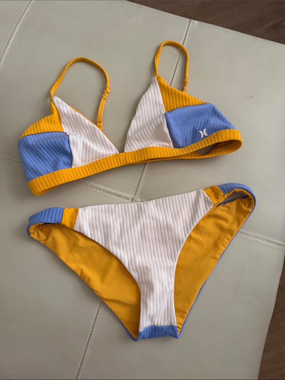 Hurley Yellow, White & Blue Ribbed Colorblock Bikini Set
